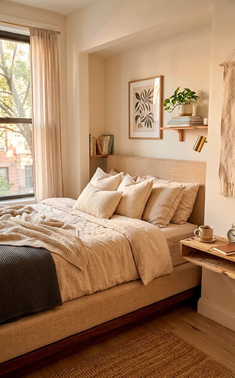 Bedroom nook in a studio featuring a low-profile platform bed upholstered in sandy linen