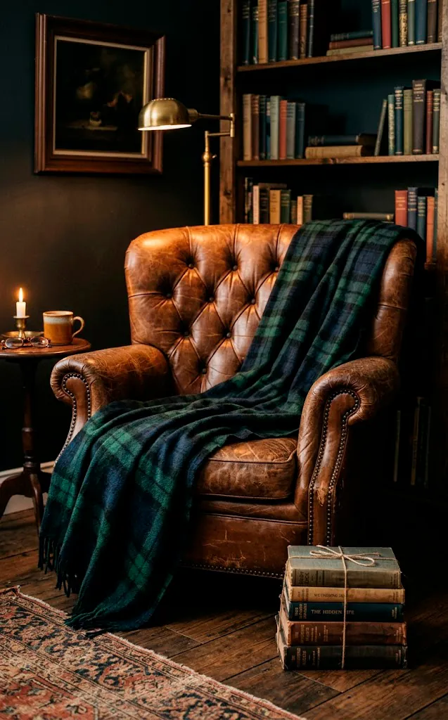 Heavy navy and green tartan wool blanket draped over a brown leather armchair