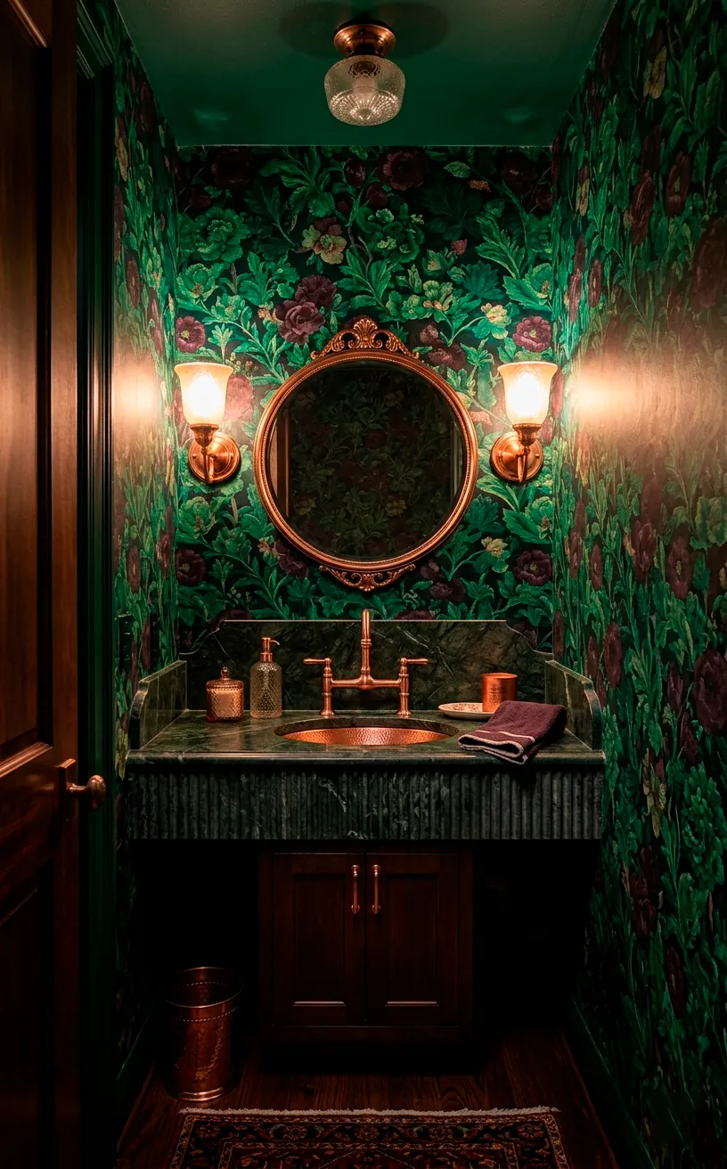 Emerald and plum dark floral wallpaper in a jewel-toned powder room
