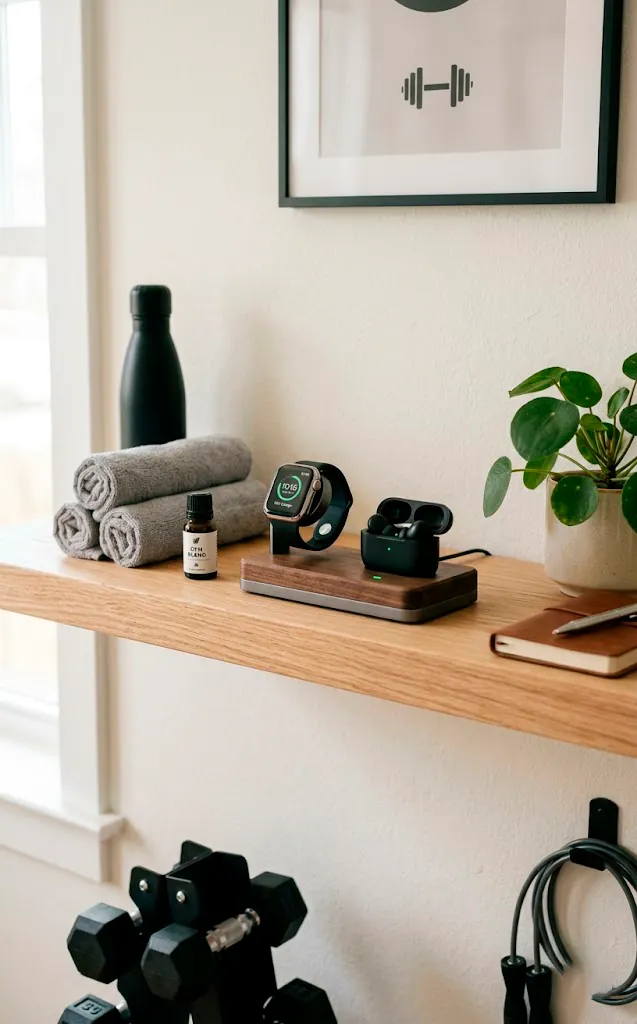 Organized modern floating wood shelf holding a magnetic charging dock for smart fitness wearables.