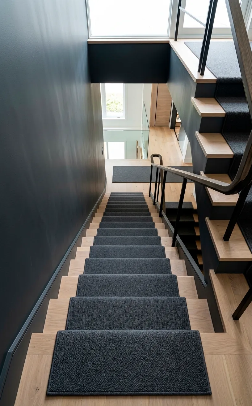 Modern staircase with light oak treads, dark grey painted risers, and a solid grey wool runner.