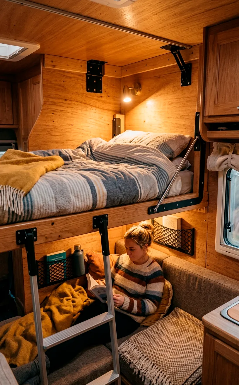 Fold-down bunk bed above a main sleeping area inside a family camper van
