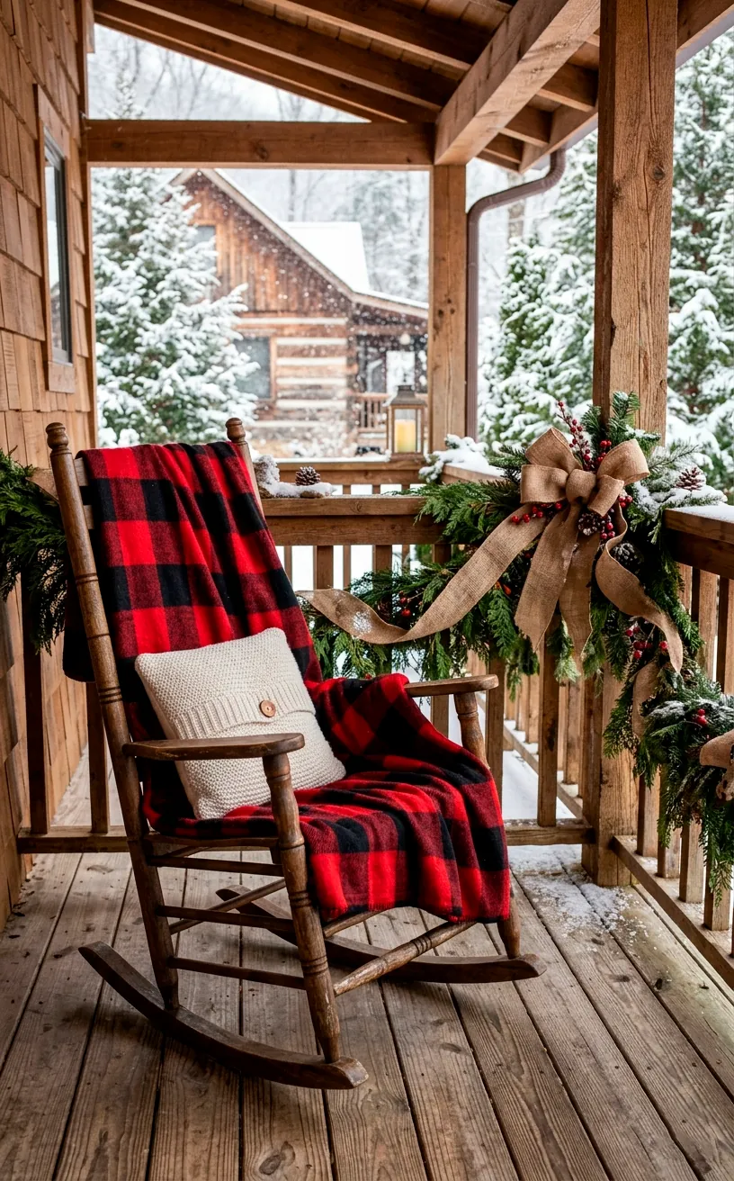 Cozy porch rocking chair draped with a red buffalo check blanket next to a cedar garland with burlap ribbon.
