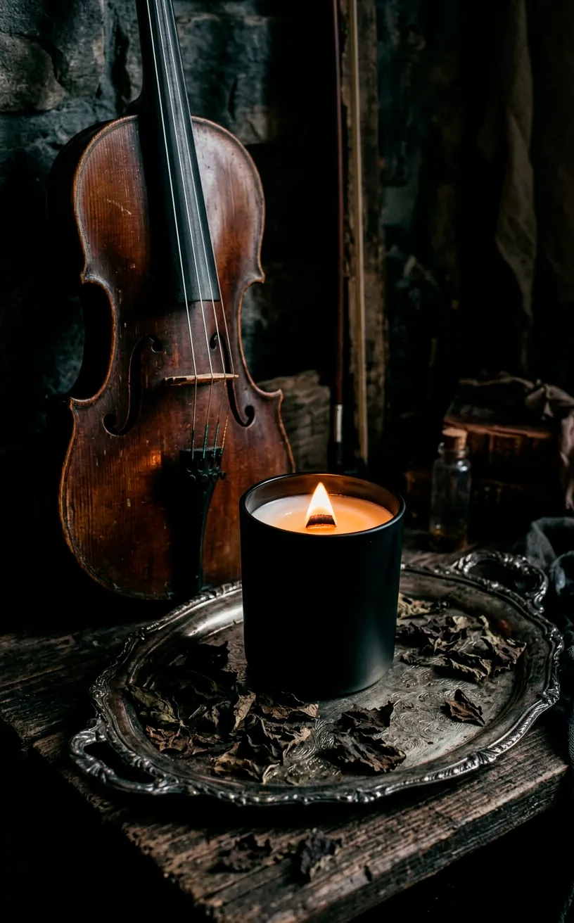 Wood-wick candle burning next to dried patchouli leaves and a vintage cello