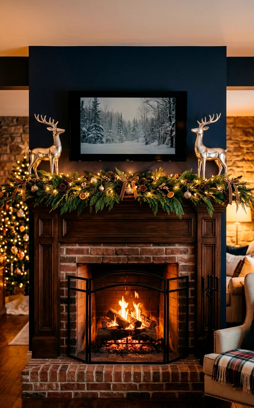 Winter seasonal fireplace mantel with symmetrical cedar garland and metallic reindeer figurines