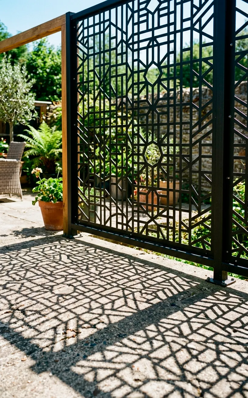 Black laser-cut metal privacy screen casting geometric shadows on a patio.