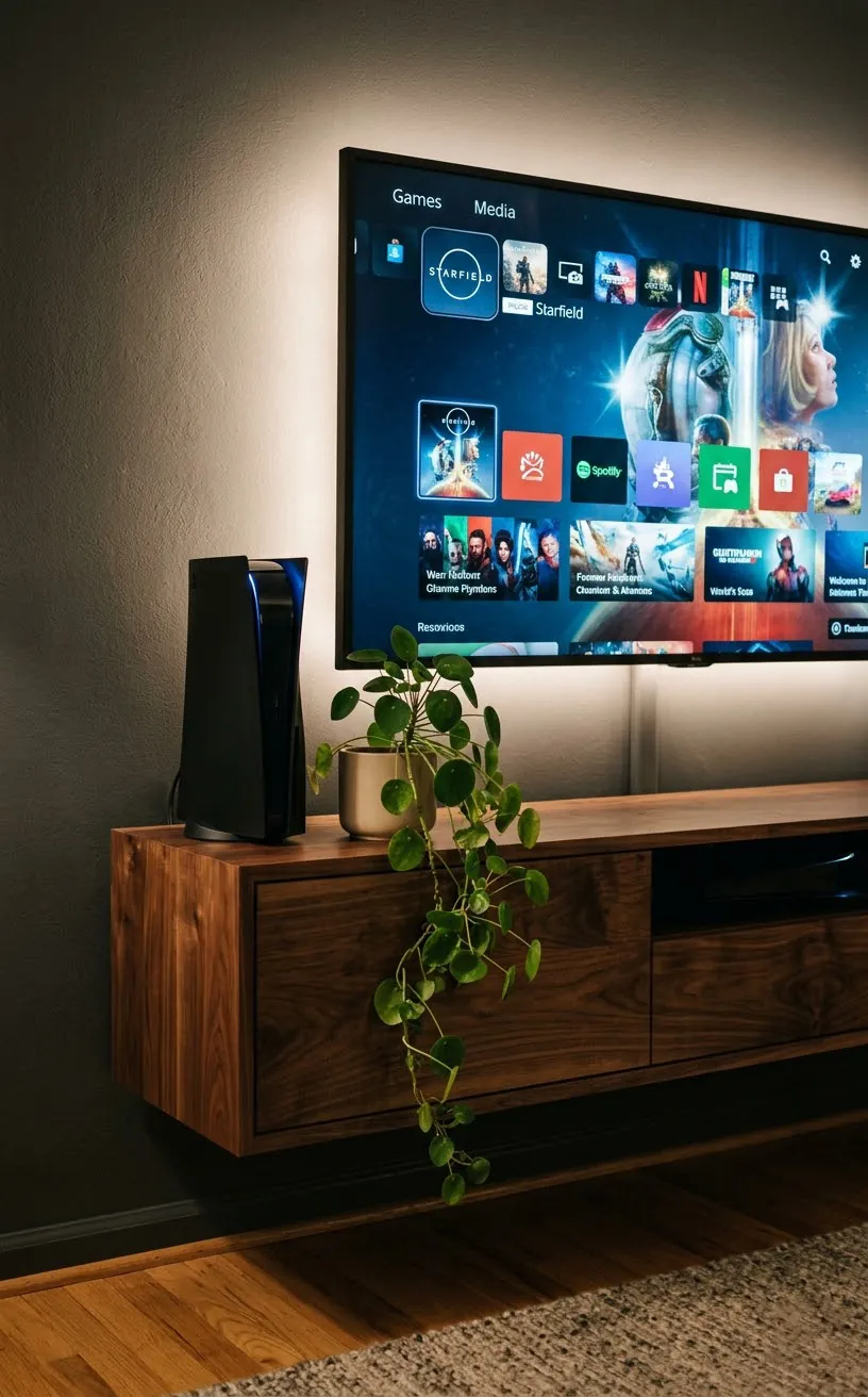 Walnut floating media console below a backlit television.