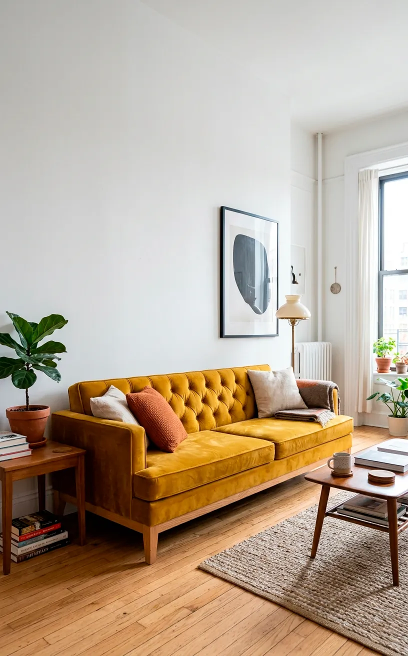 Mustard yellow velvet low-profile mid-century sofa in a bright, compact apartment.