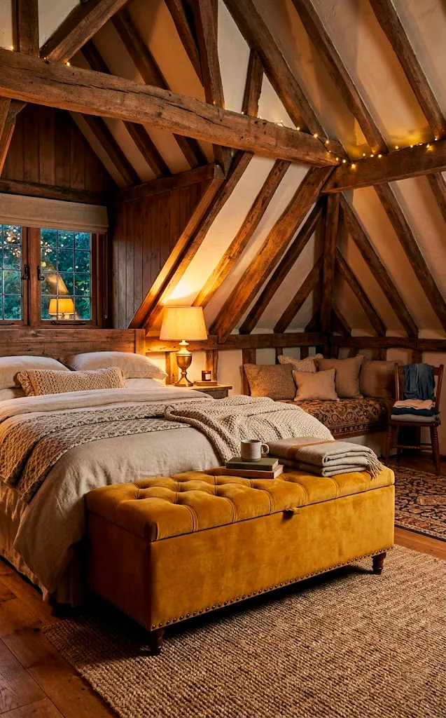 Tufted mustard velvet storage ottoman at the foot of a bed in a wood-beamed attic