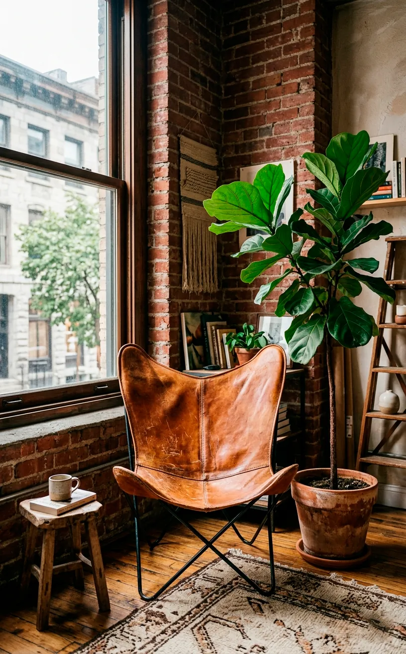 Distressed caramel leather butterfly chair in an apartment corner