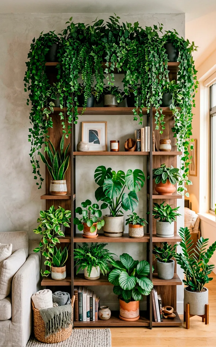 Tall bookcase mixing real trailing plants on low shelves and faux ivy on top shelves.