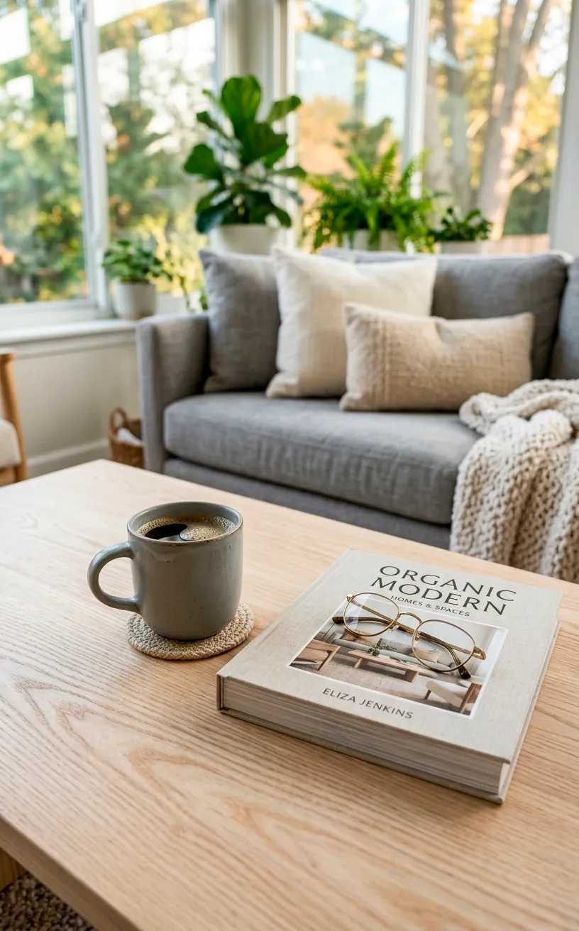 Pale ash wood accent table styled with a gray mug and books in a sunroom.