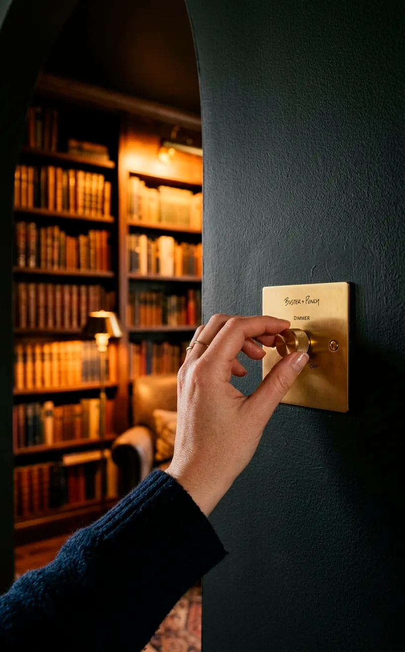 A hand adjusting a brass dimmer switch on a dark wall with a warm library background.