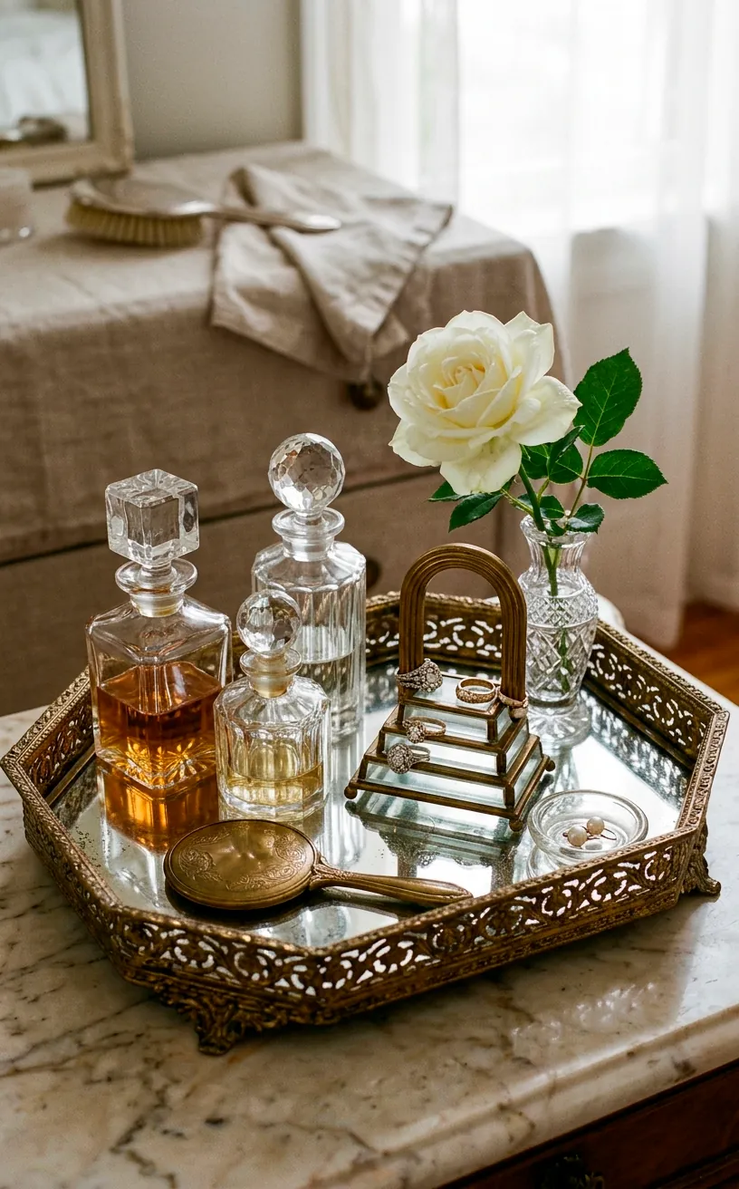 Antique brass geometric vanity tray with crystal jars and a white rose.