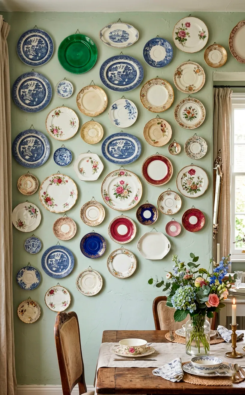 Mismatched vintage ceramic plates floating organically on a soft pastel dining room wall.
