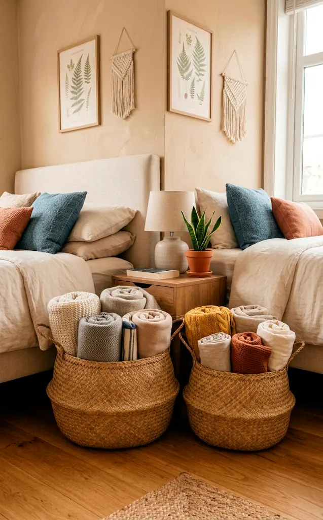 Large woven seagrass belly baskets holding rolled throw blankets in a cozy earthy bedroom corner.