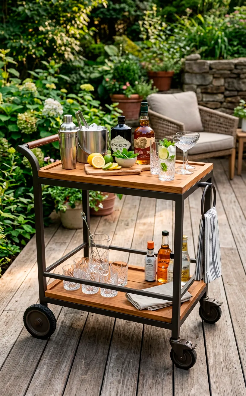 A two-tier outdoor rolling bar cart styled with cocktail supplies on a wooden deck.