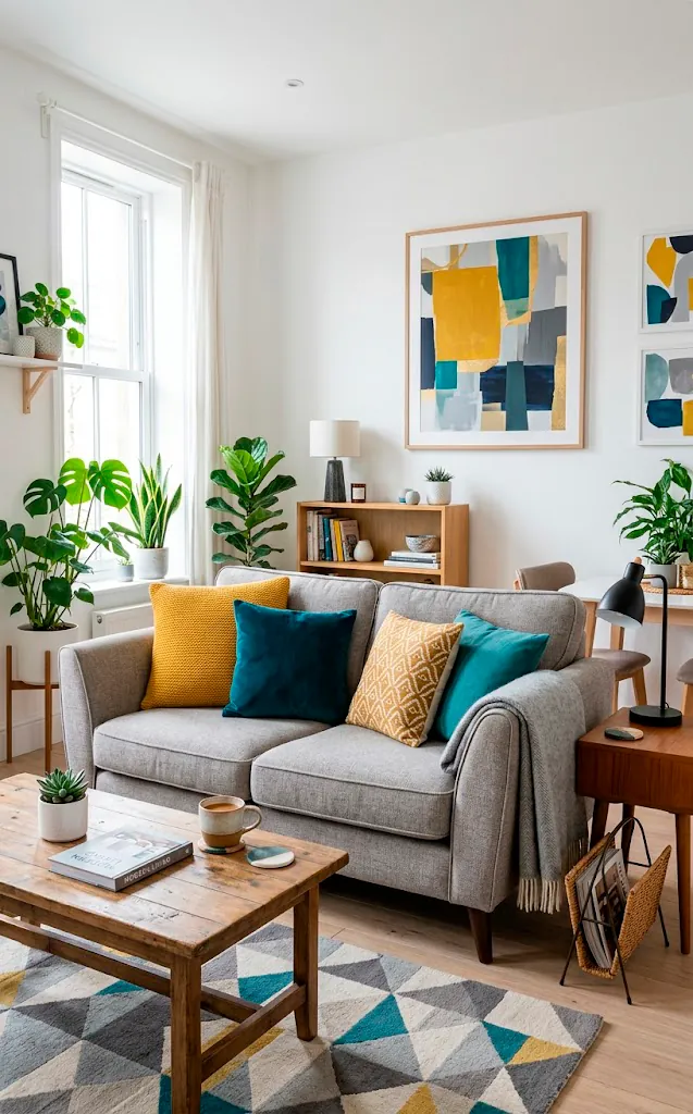 Bright studio apartment with neutral furniture and colorful accent pillows.