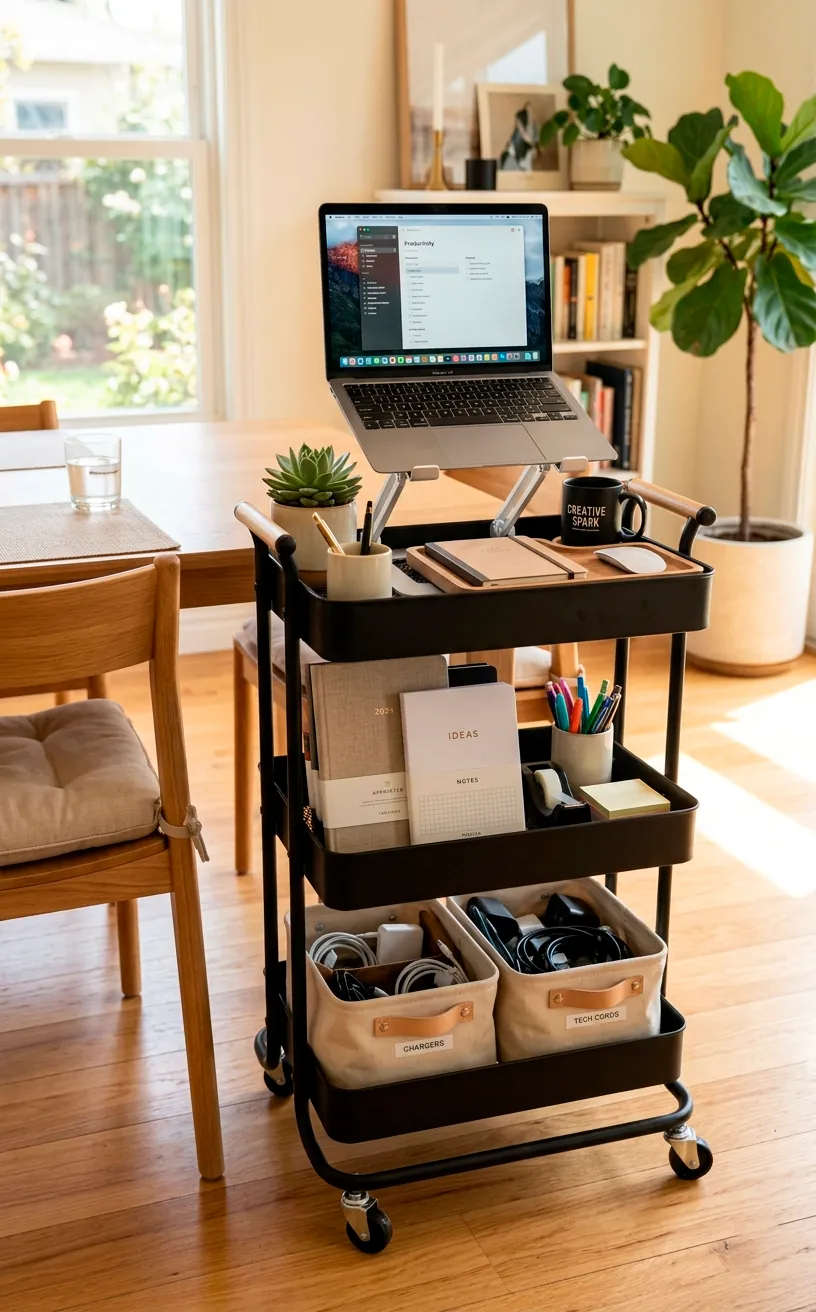 A 3-tier rolling utility cart organized as a mobile office setup next to a dining table.
