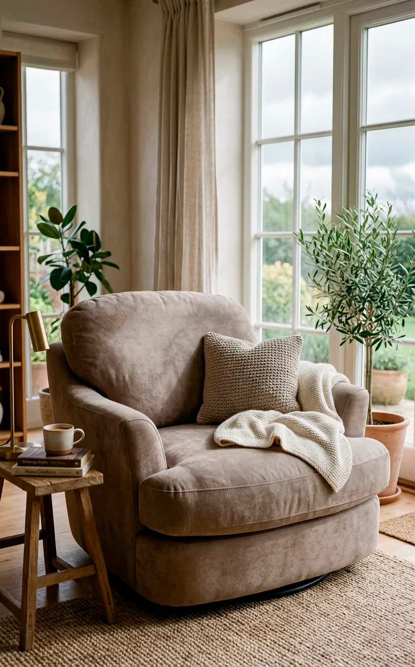 Oversized mushroom taupe swivel chair in a bright living room.