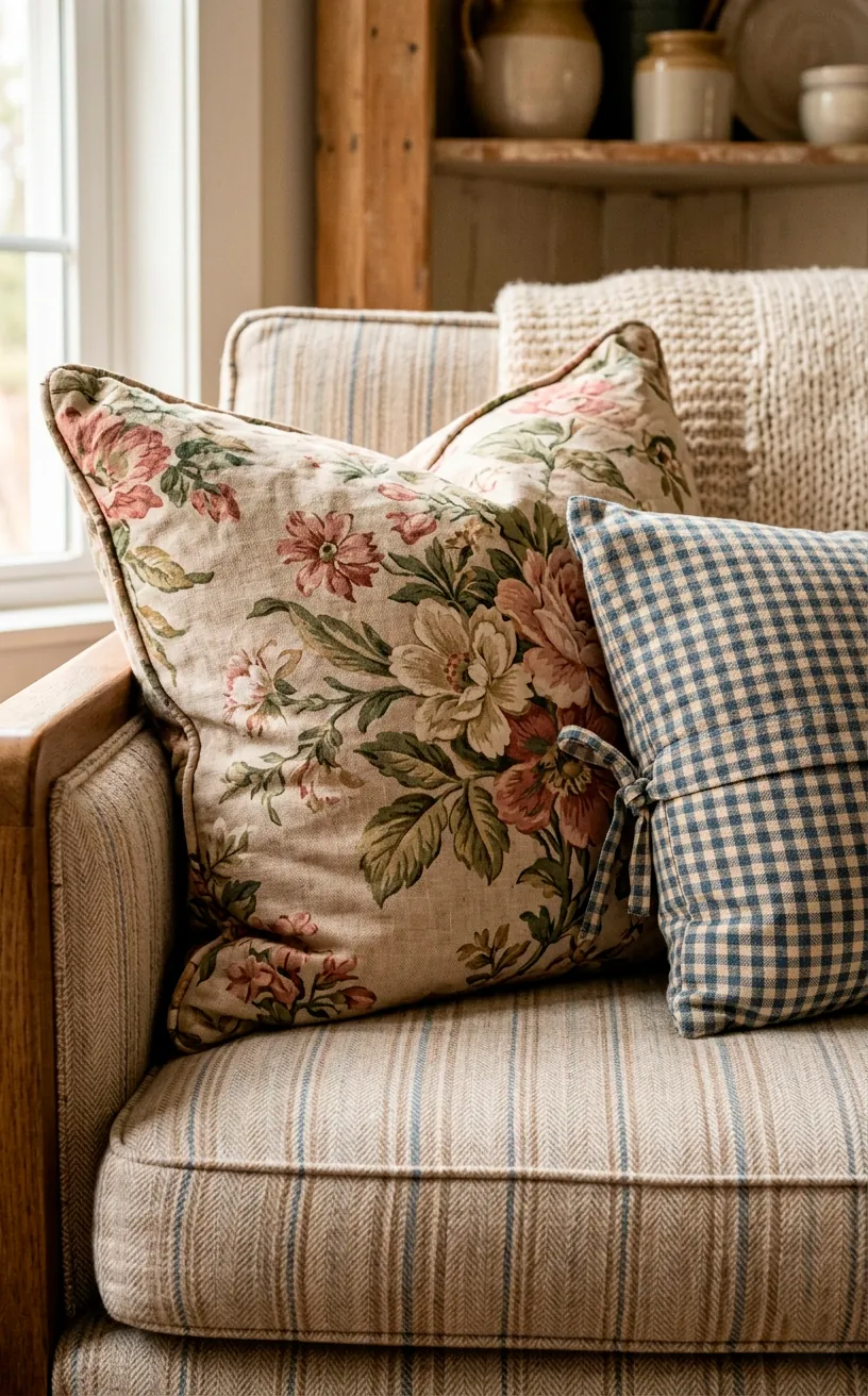 Close-up of mixed fabric patterns on a cottage sofa featuring muted pink and green floral and gingham prints.
