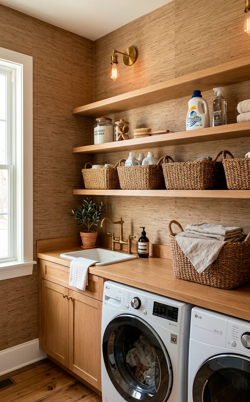 Inviting laundry room featuring earthy faux grasscloth vinyl wallpaper and floating oak shelves