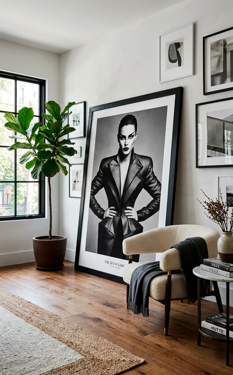 Oversized black and white fashion editorial portrait leaning against a wall.
