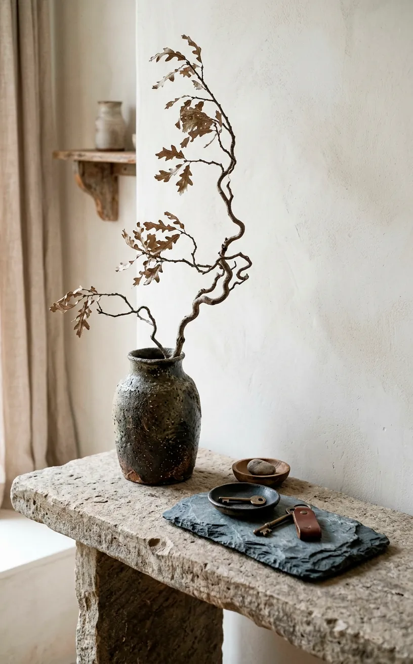 Dried branch in a textured ceramic vase beside a raw slate tray on a stone console