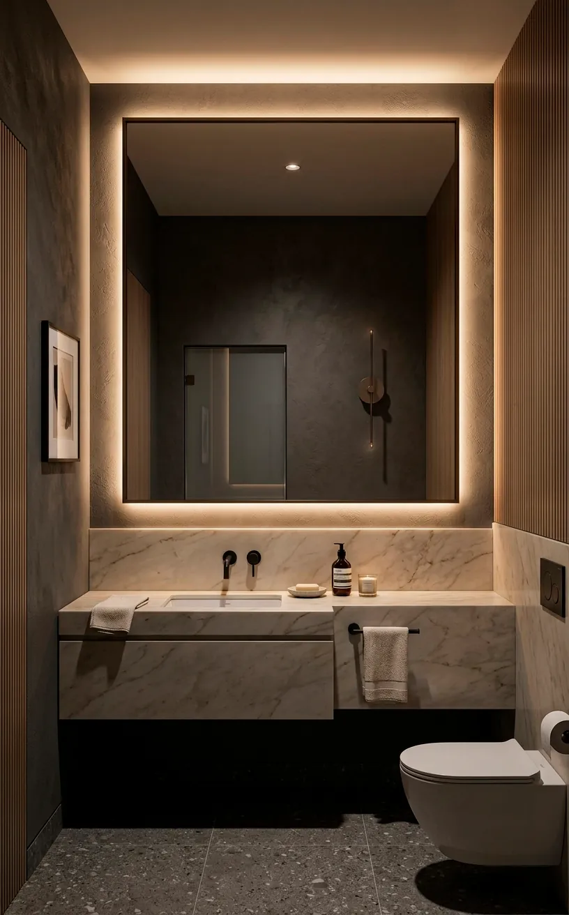 Wall-to-wall mirror with LED backlighting in a modern futuristic powder room