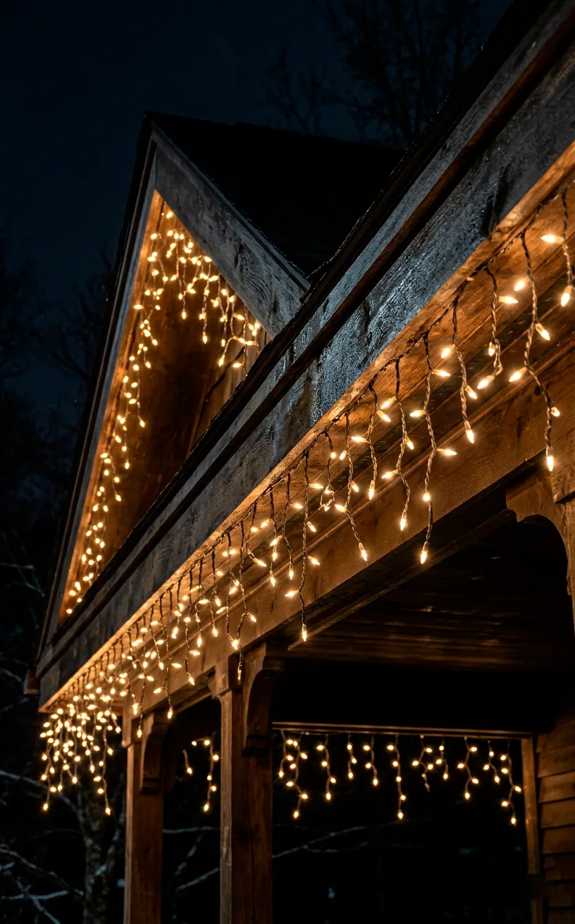 Warm white LED icicle lights hanging from a dark porch roofline