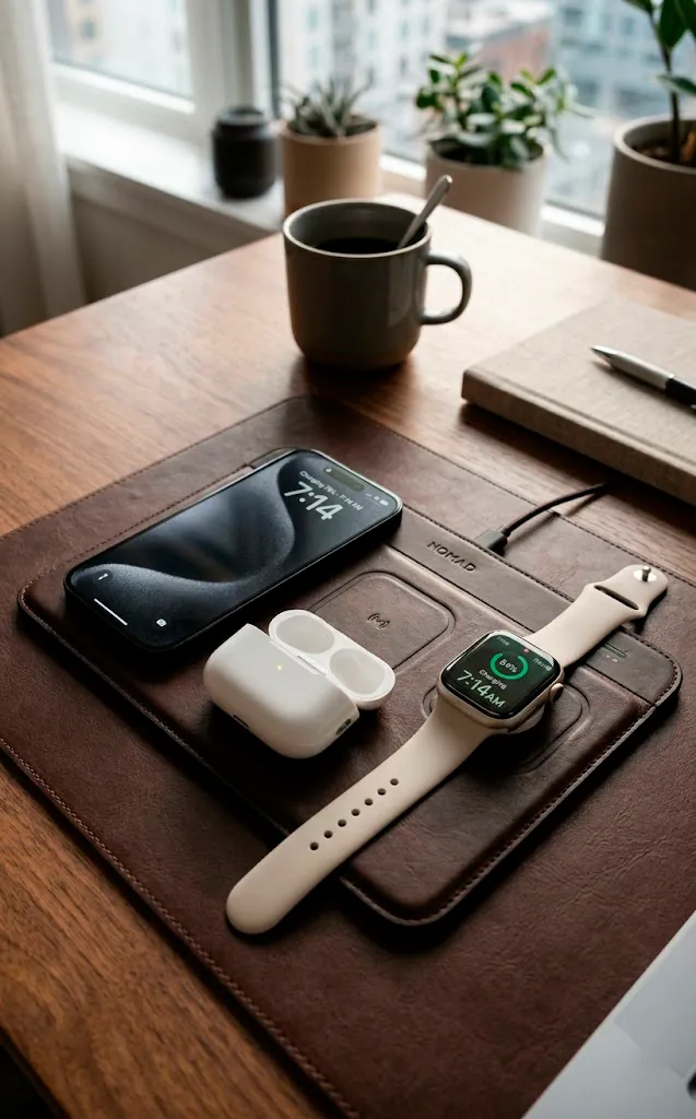 A multi-device wireless charging pad holding a phone, earbuds, and smartwatch.