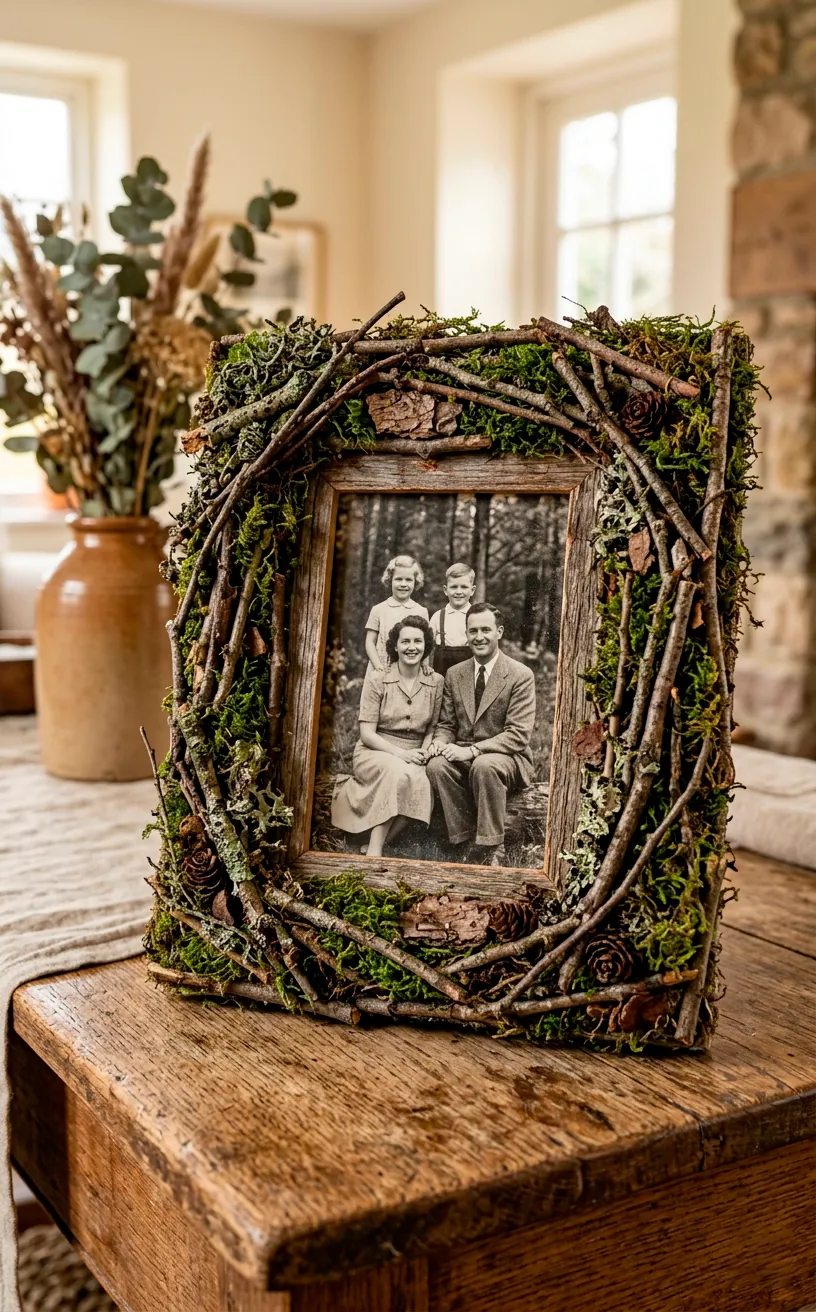 Handmade picture frame covered in rustic twigs holding a black-and-white photo.