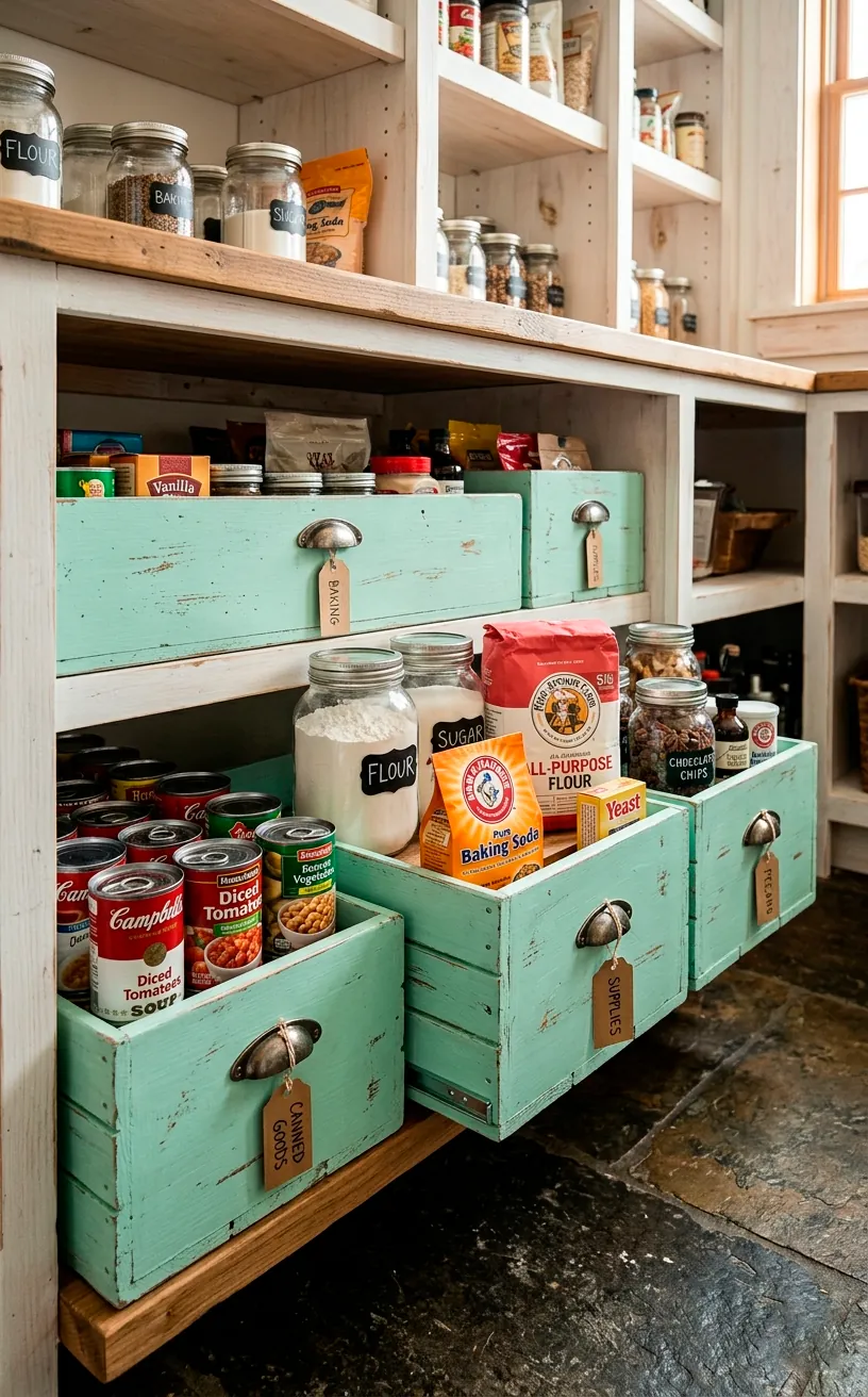 Mint green painted wooden craft crates neatly organizing heavy baking supplies and canned goods on a lower pantry shelf.
