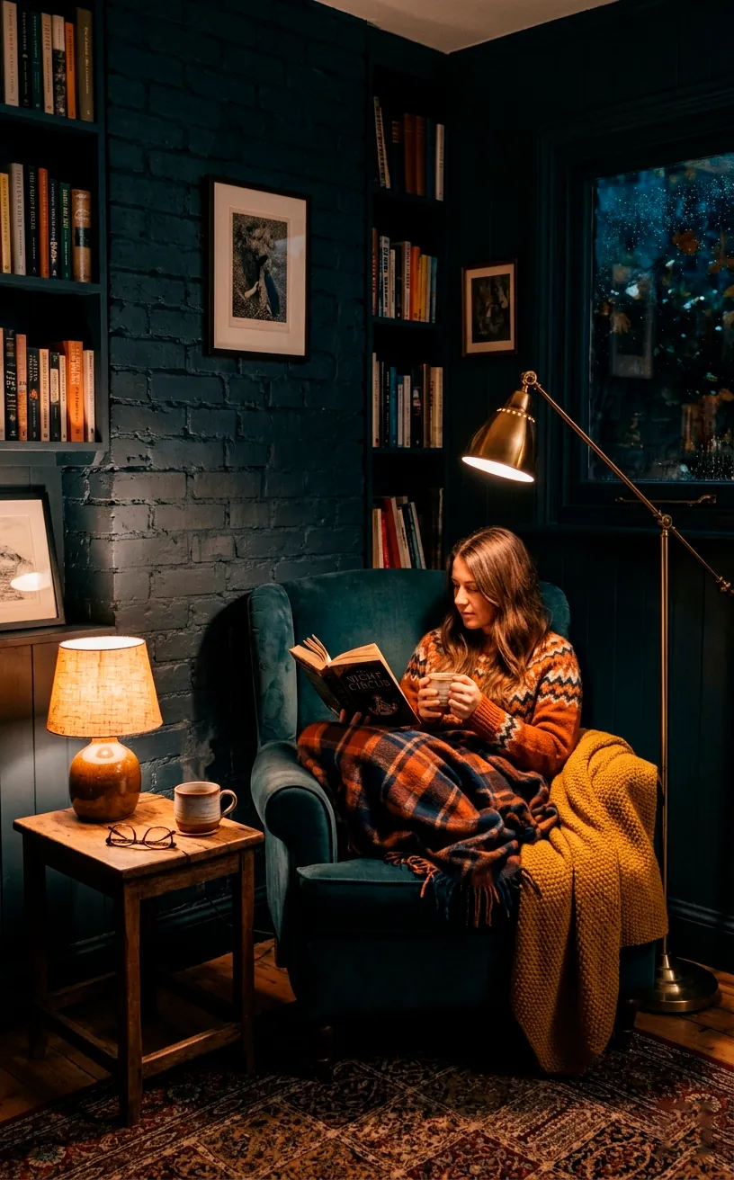 Reading nook lit by warm brass floor lamp and ceramic table lamp