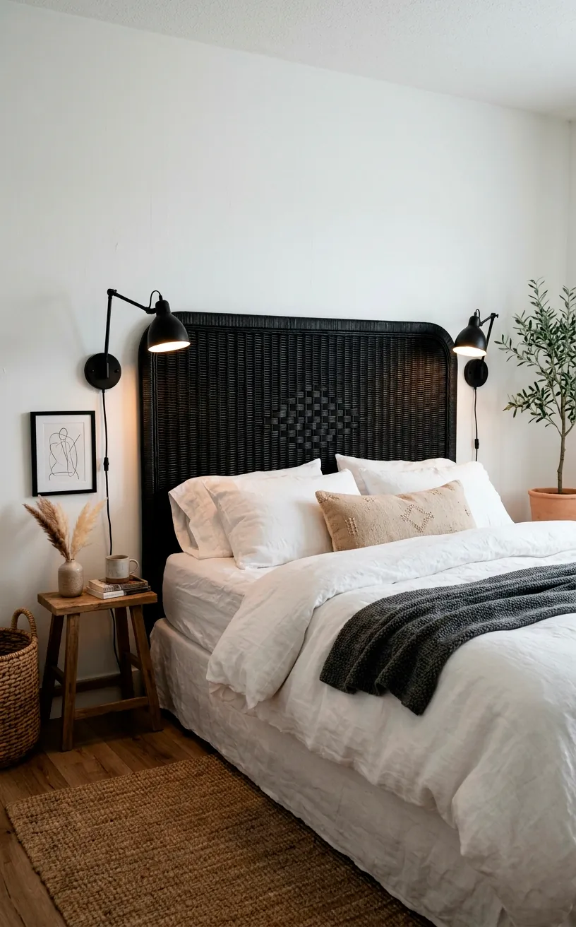 Dark espresso black-stained rattan headboard creating a graphic punch against a crisp white wall in a moody bedroom