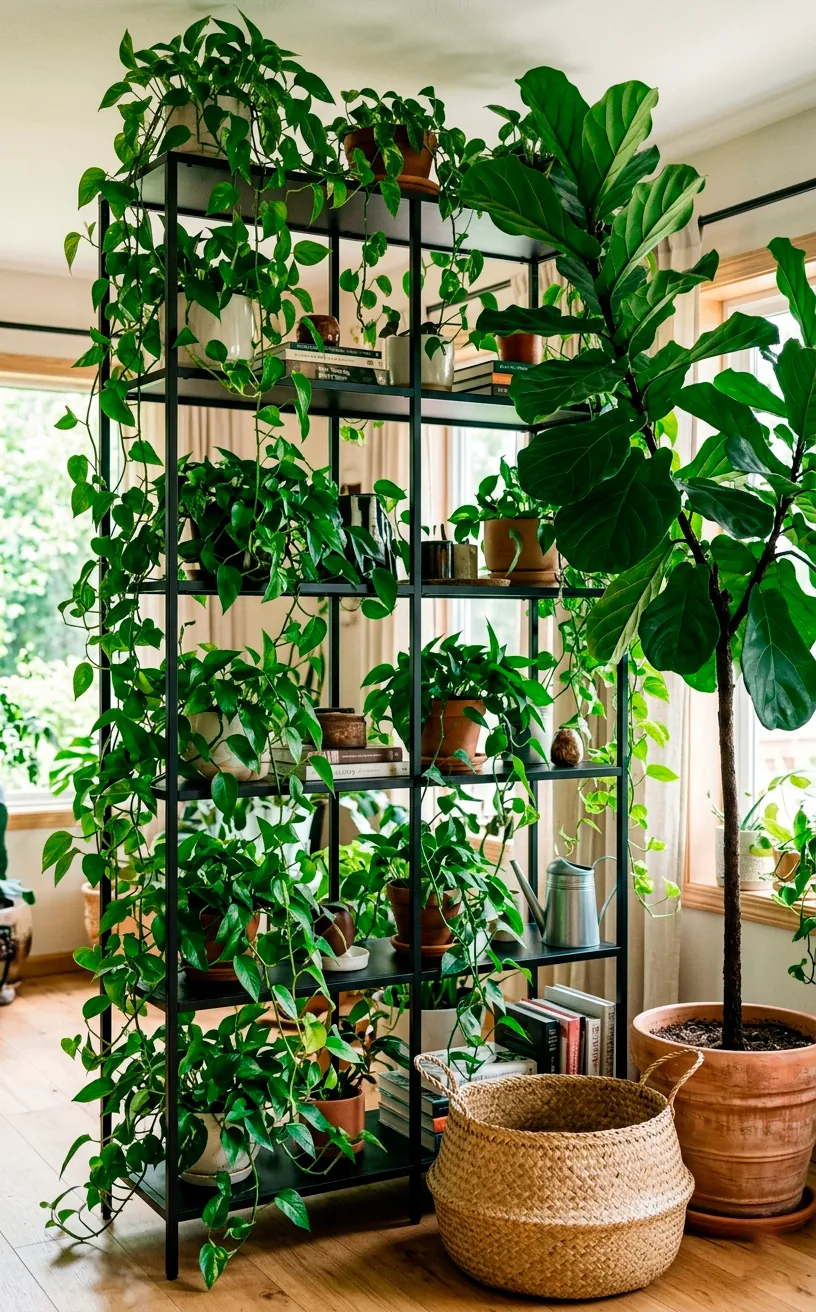 Vibrant trailing pothos plants spilling over a rigid black metal industrial shelf