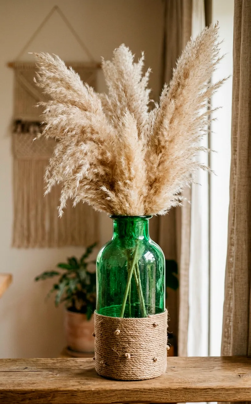 Beautiful green glass vase wrapped in rustic natural jute twine holding fluffy dried pampas grass.