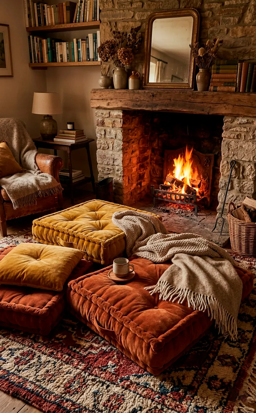 Oversized tufted velvet floor cushions arranged comfortably on a rug in front of a warm fireplace.