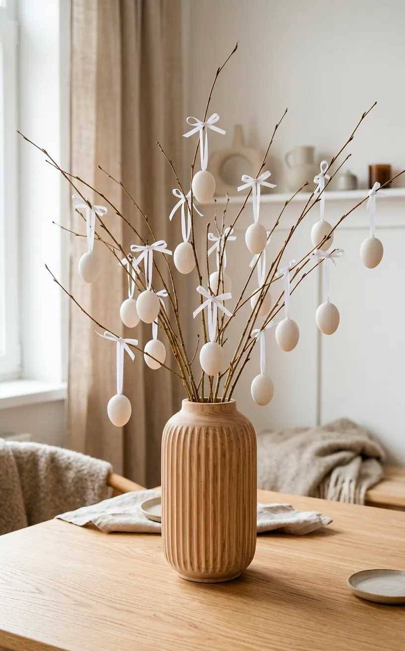 Fluted raw wood vase with birch stems and white eggs hung by white satin ribbons.
