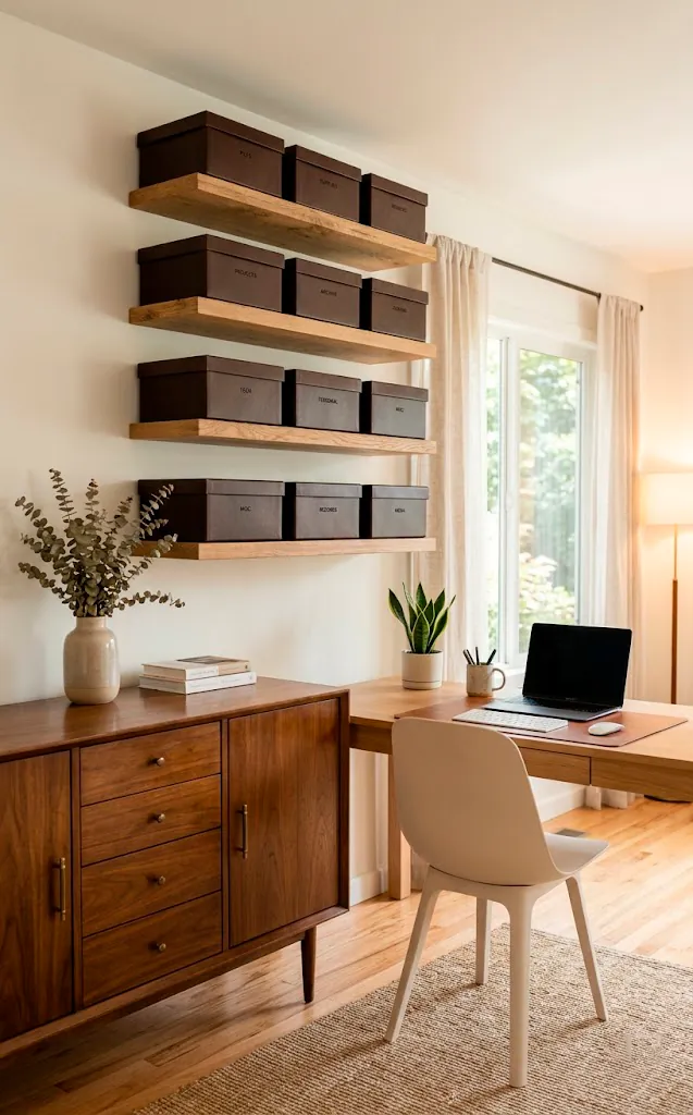 Organized home office with a vintage credenza and identical leather storage boxes
