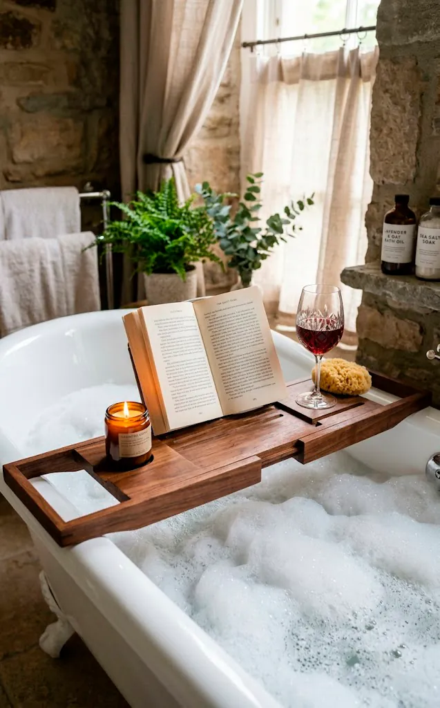 Wooden bath caddy with a book, wine glass, and candle across a bubble-filled tub.