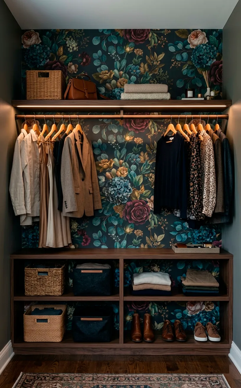 Moody floral wallpaper accenting the back of a dark open closet system.