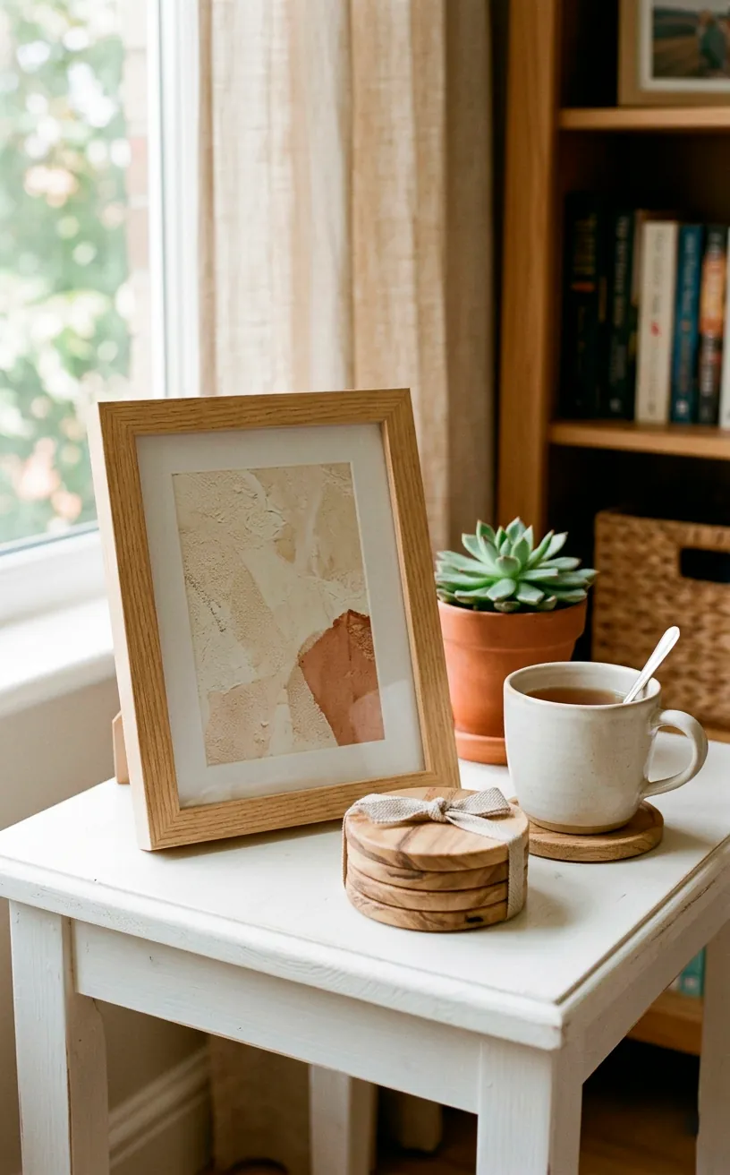 Close-up of a pale wood picture frame and oak coasters resting on a white side table in natural daylight.