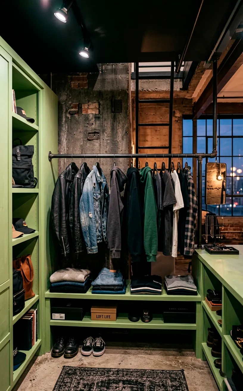Pistachio green closet featuring stark matte black industrial hardware