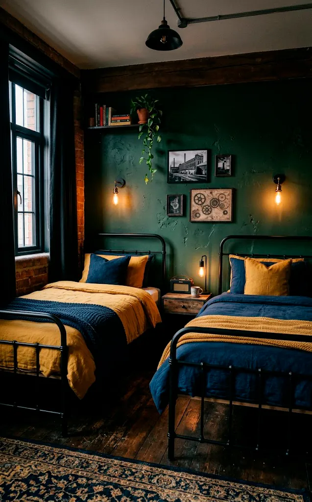 Twin beds featuring mustard yellow and navy blue linens set against a dark forest green accent wall.