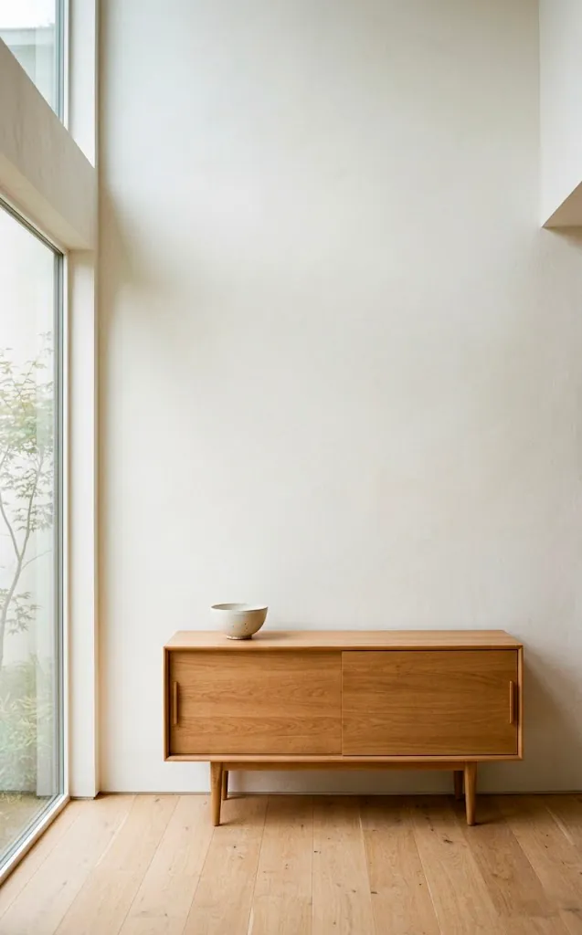 Minimalist Japandi space featuring a simple wooden sideboard against a blank warm white wall, emphasizing negative space.