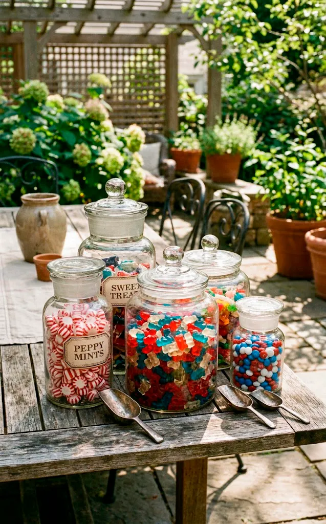 Glass apothecary jars filled with colorful red, white, and blue candies