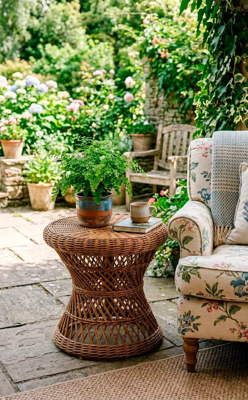 Woven wicker side table holding a potted fern next to a floral armchair