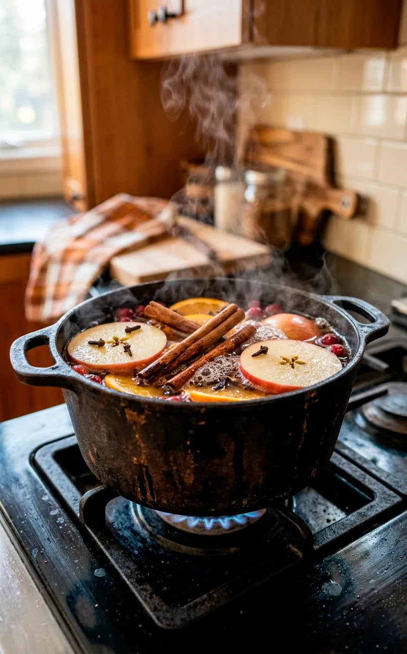 Autumn simmer pot with cinnamon sticks and apple slices on a stove