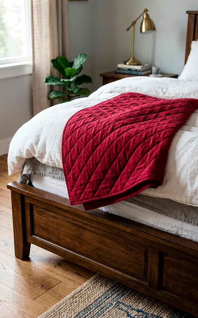 Deep crimson diamond-stitched quilt folded at the foot of a bed.